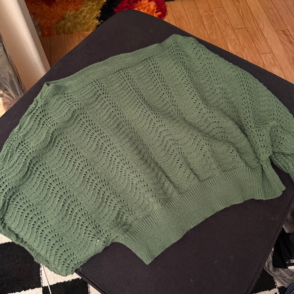 Olive Green Off-Shoulder Open-Knit Sweater
